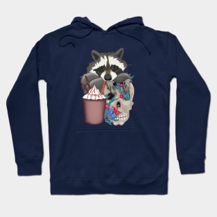 Raccoon with yummy and a skull in flowers Hoodie